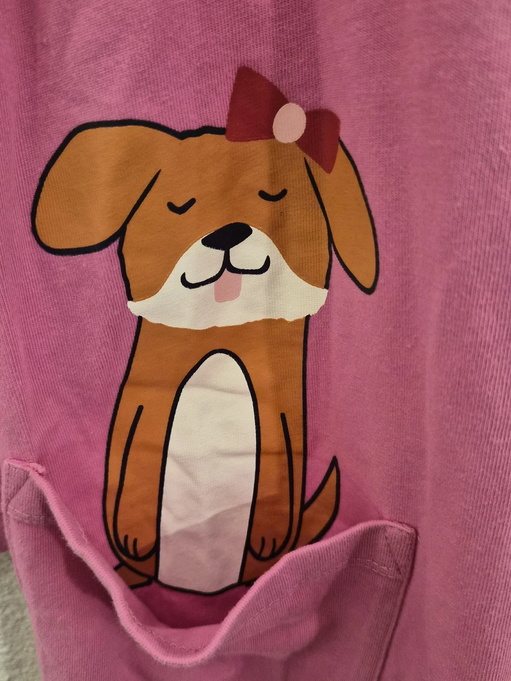 Pink Dog Pocket Tee dress with Cartoon Puppy Graphic size 140cm